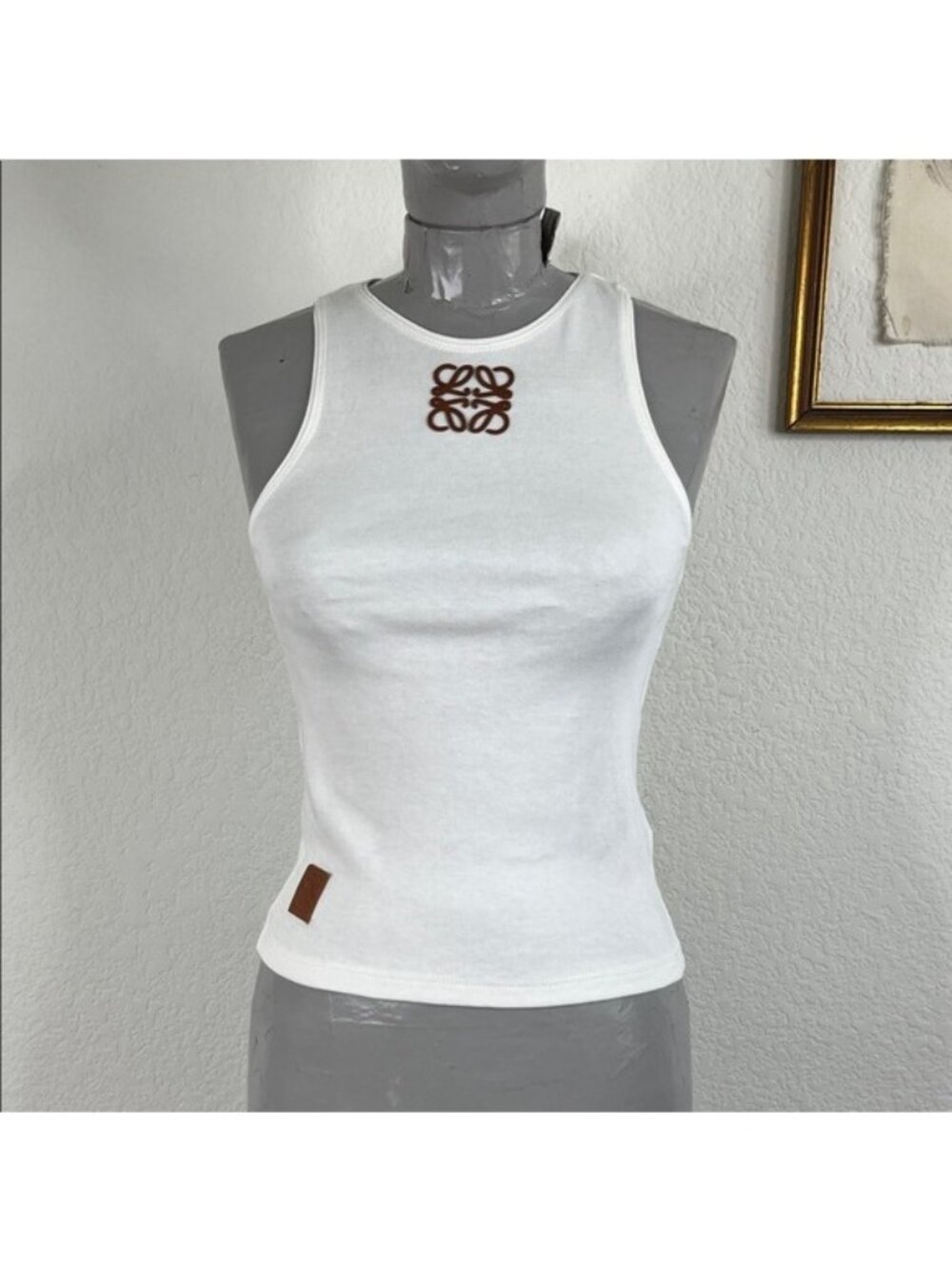Designer Anagram Leather Cotton Tank Top White with Brown Logo Stamped